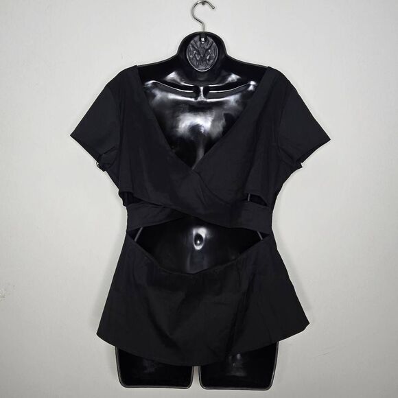 Ann Taylor Criss Cross Back Top Size 12 Black Short Sleeve NEW - Picture 2 of 5